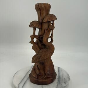 Antique Asian crane and trees wooden carved sculpture